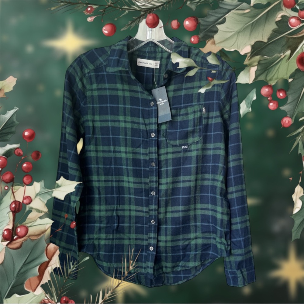 Abercrombie Kids Blue/ Green Plaid Longsleeves Button-Up Shirt, Size 11/12, NWT